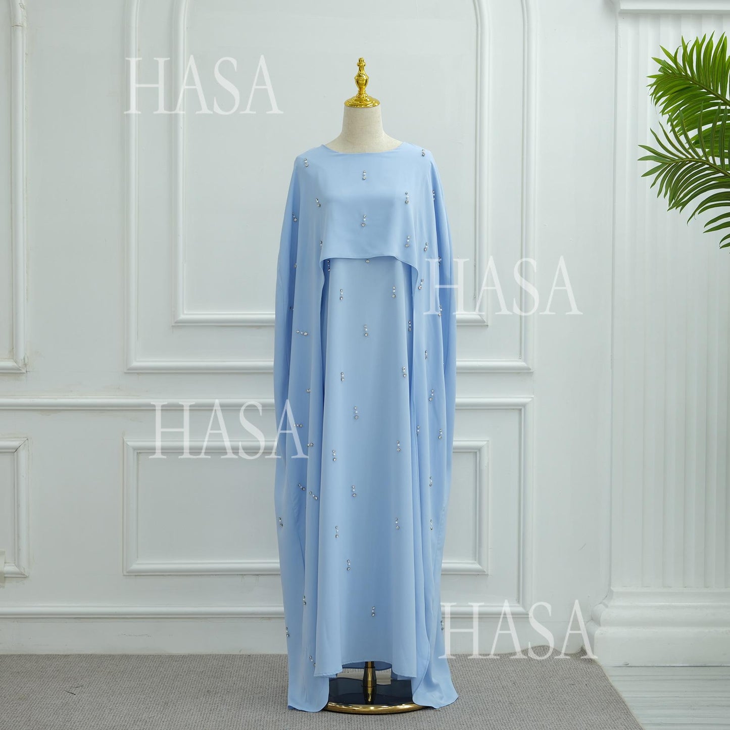 HA6505 Solid color beaded long dress with fake two-piece design