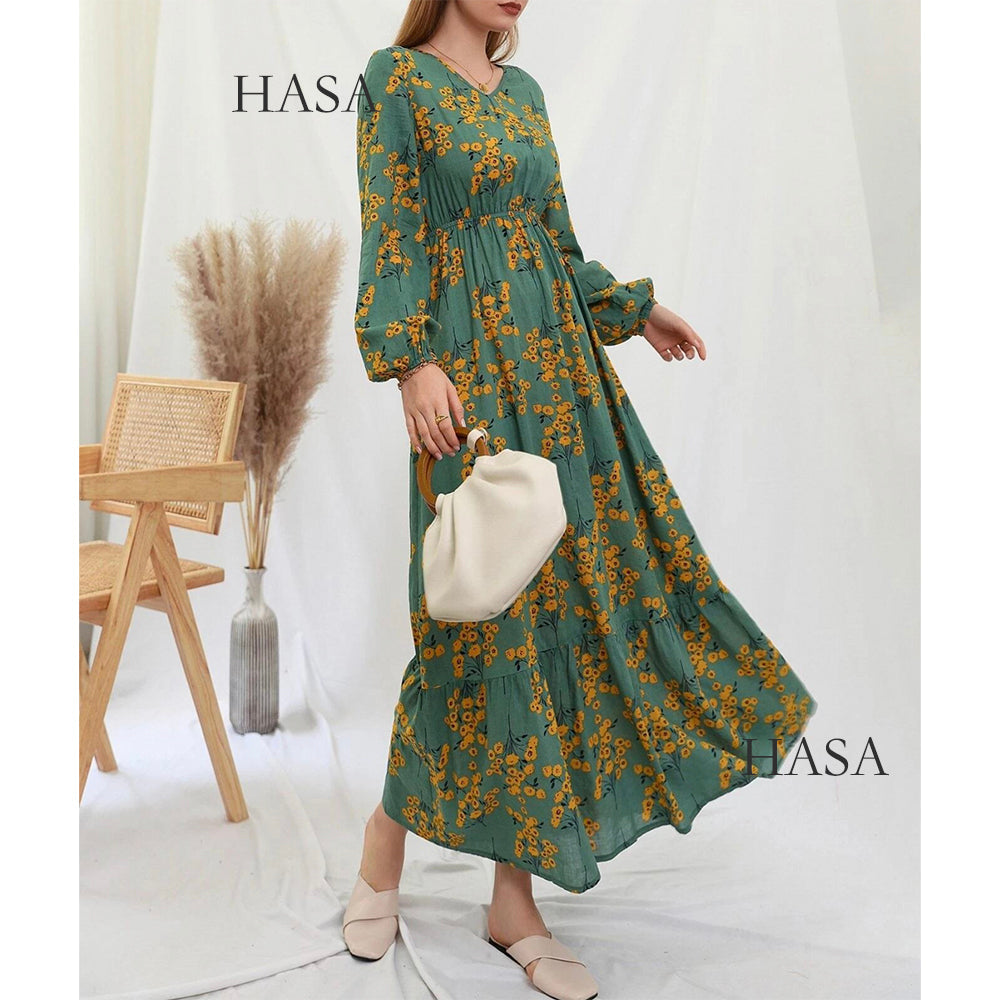 HAYA0819 Rayon long dress V-neck flower dress