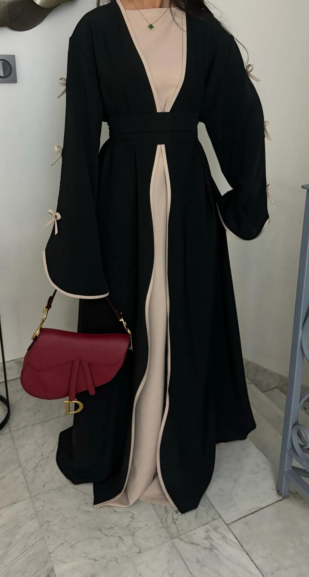 HA5883 A Two-piece Robe and Skirt Set with A Soft Bow and A Belt Design open abaya outfit