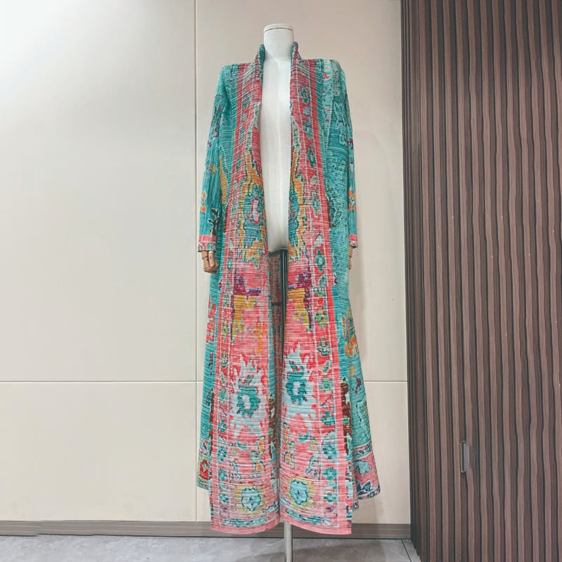 HS5852 Elegant, Retro-style Long Cardigan with Contrasting Printed Pattern.