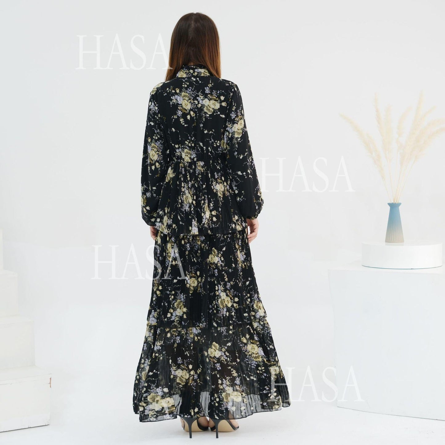 HA6500 Romantic Layered Print Long Dress