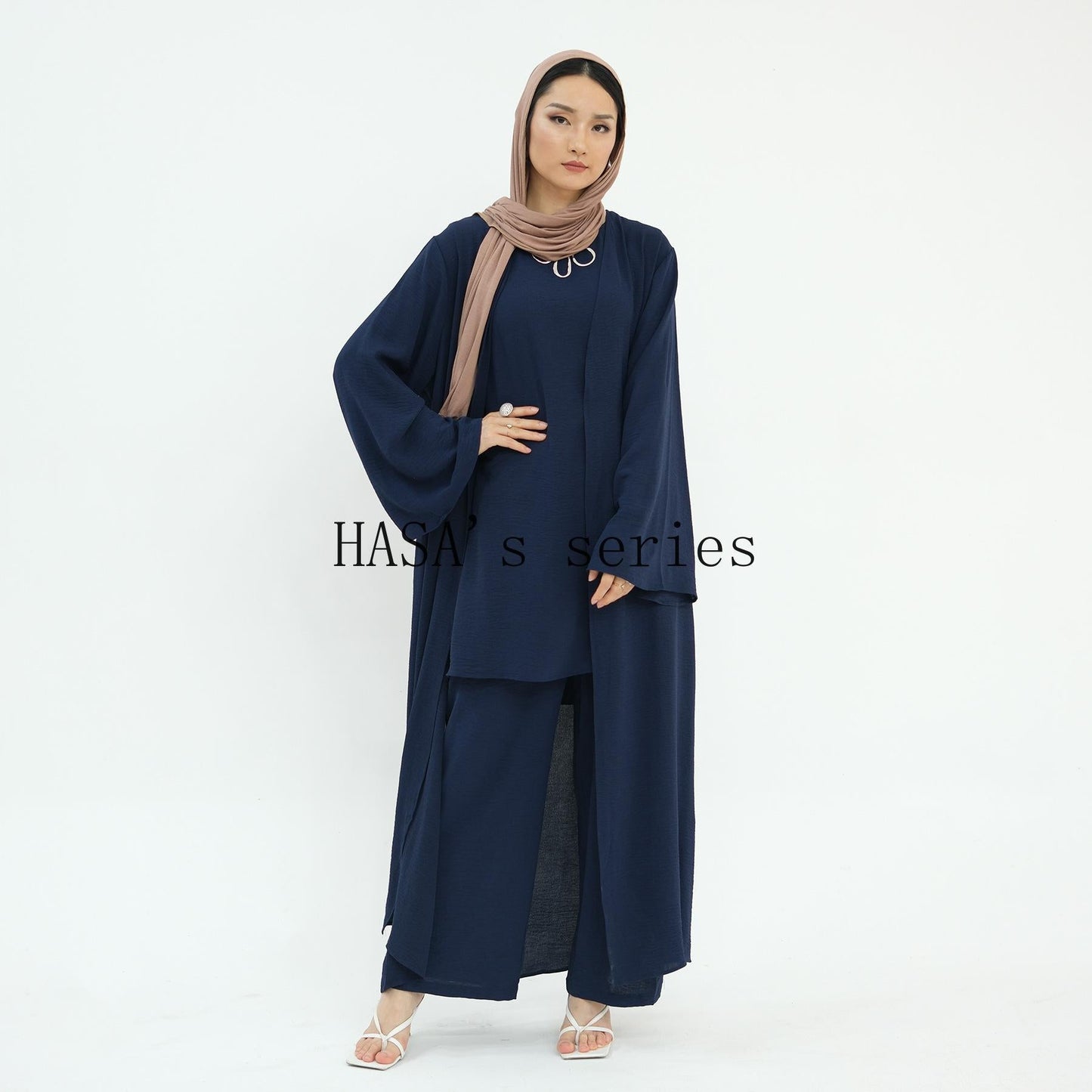 HS5107 Minimalist Style Three-piece Set | Solid Color Long Coat Paired with A Loose Two-piece Suit.