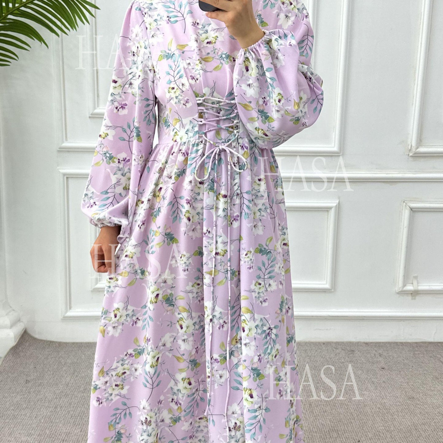 HA6489 Long-sleeved Floral Maxi Dress with Natural Waist