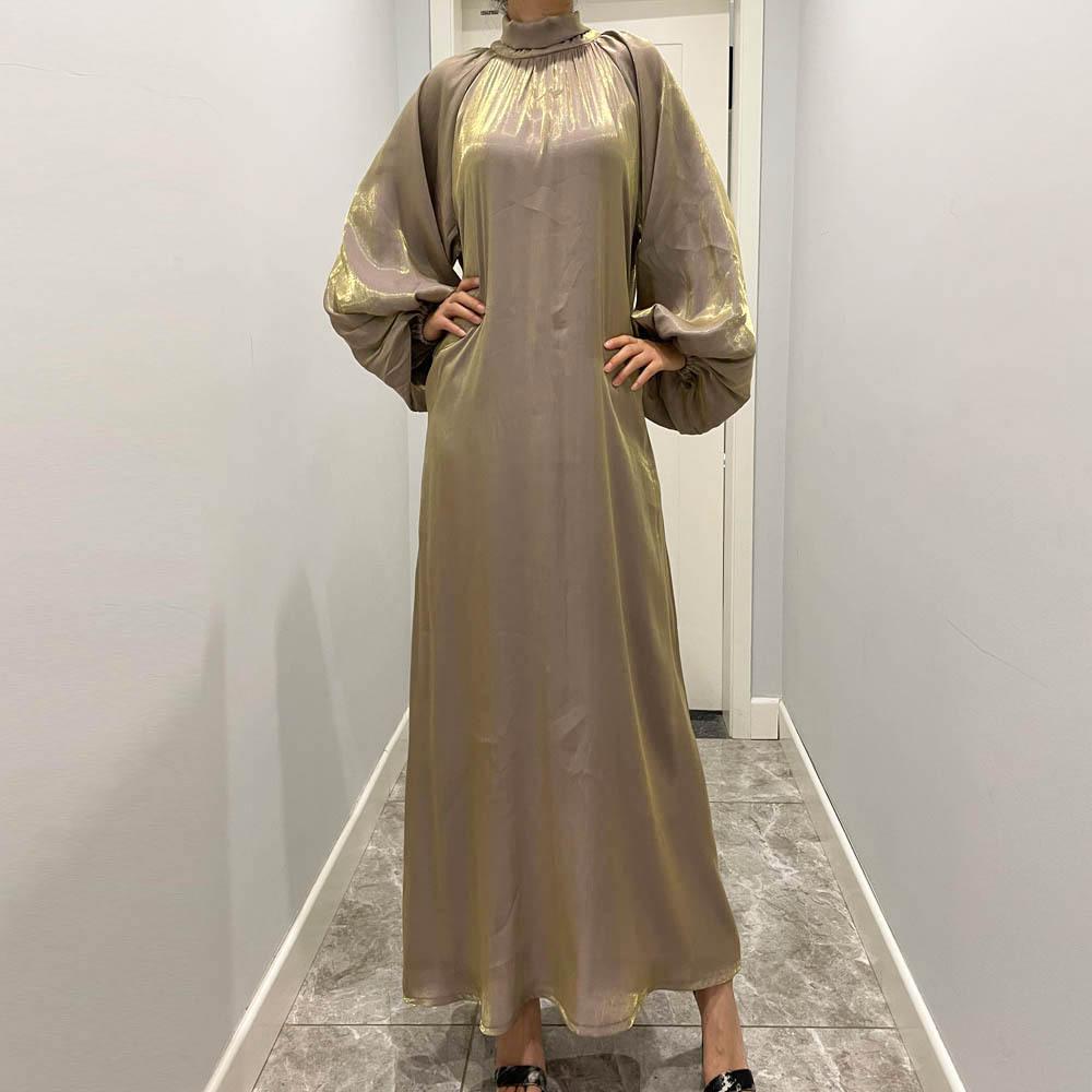 HAYA10043 HAYA Large Lantern Sleeves Long Bright Silk Dress Stand Up Collar Back Tie Women's Dress Abaya