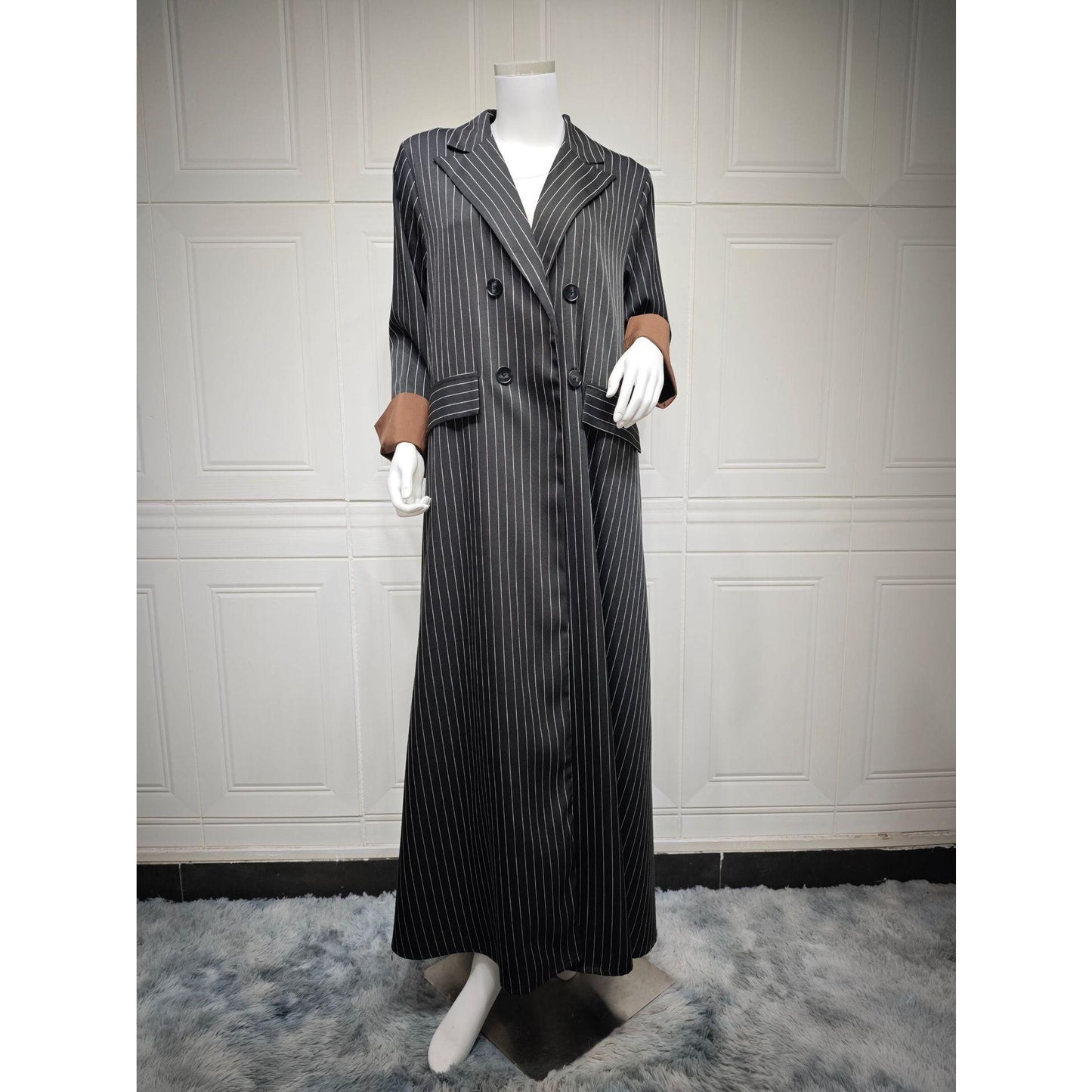HS5101 Double-breasted, Pinstriped, Long Coat-style Robe with A Loose and Elegant Dress Design.