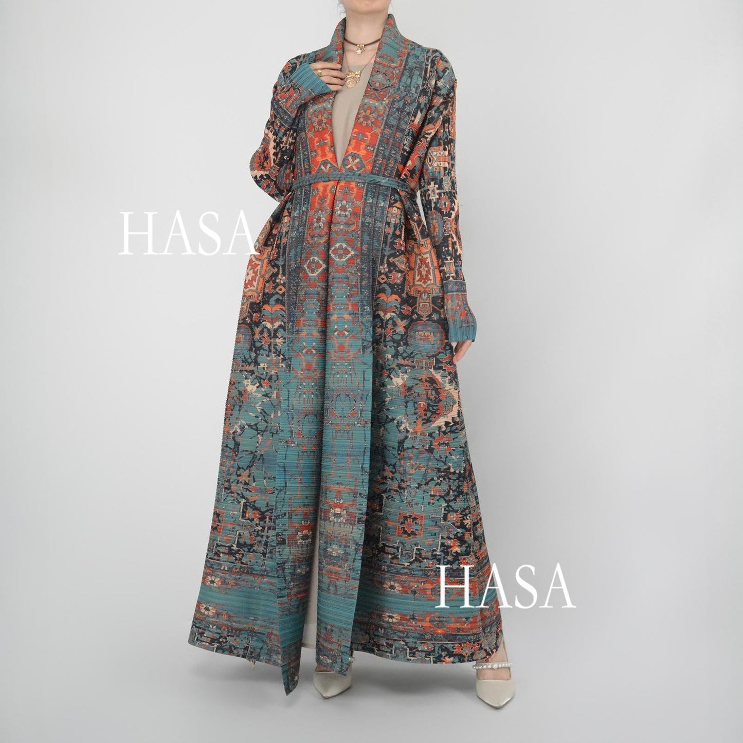 HS5850 Retro Oil Painting Print Belted Open-front Long Coat