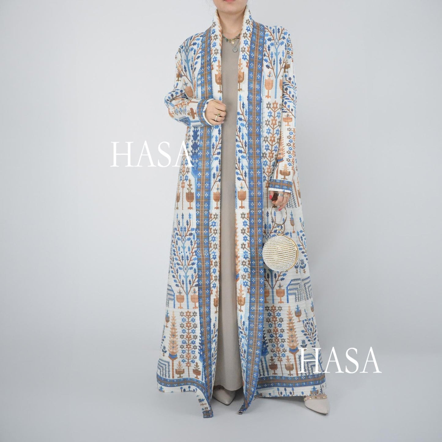 HS5849 Blue and Orange Geometric Print Open-front Long Coat (with Belt)