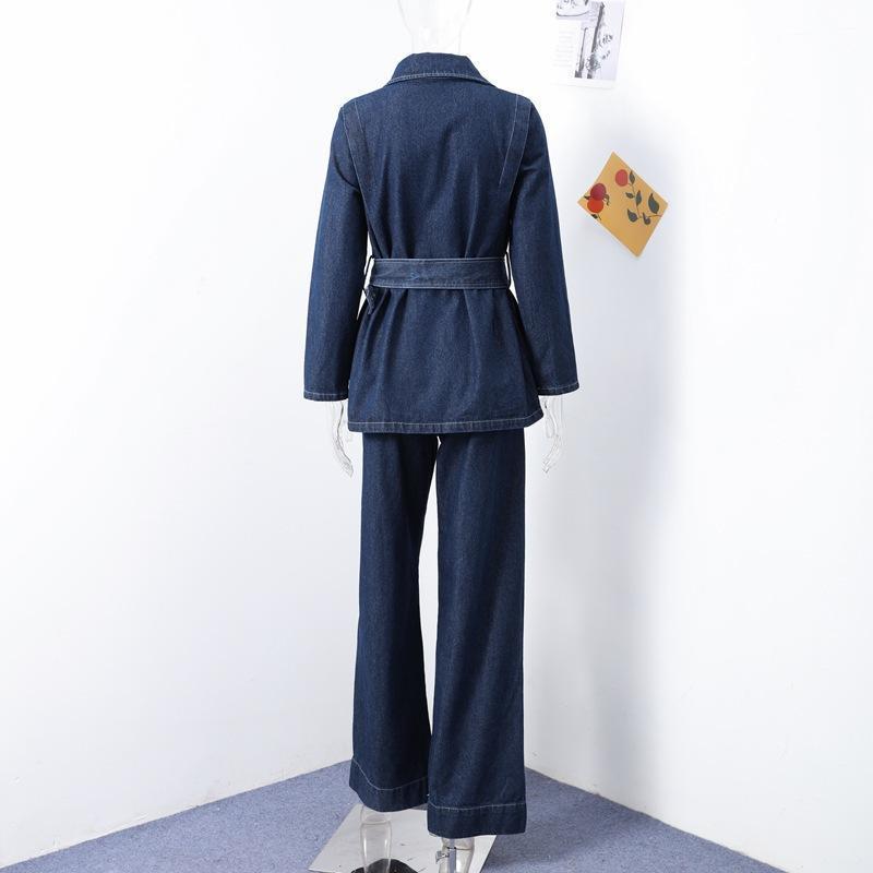 HA5890 Completo in Denim Lavato Primaverile Per Donne Con Cintura, Giacca Monopetto A Maniche Lunghe E Pantaloni A Vita Alta