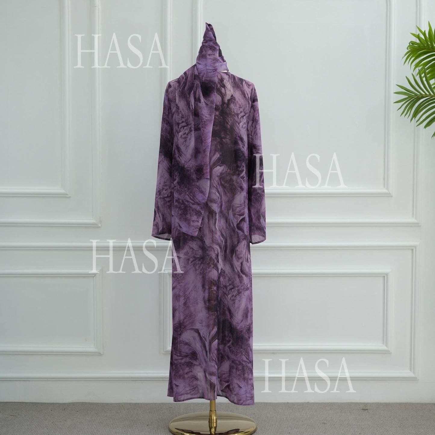 HA6551 Printed Abaya Cardigan with Matching Scarf Two-Piece Set