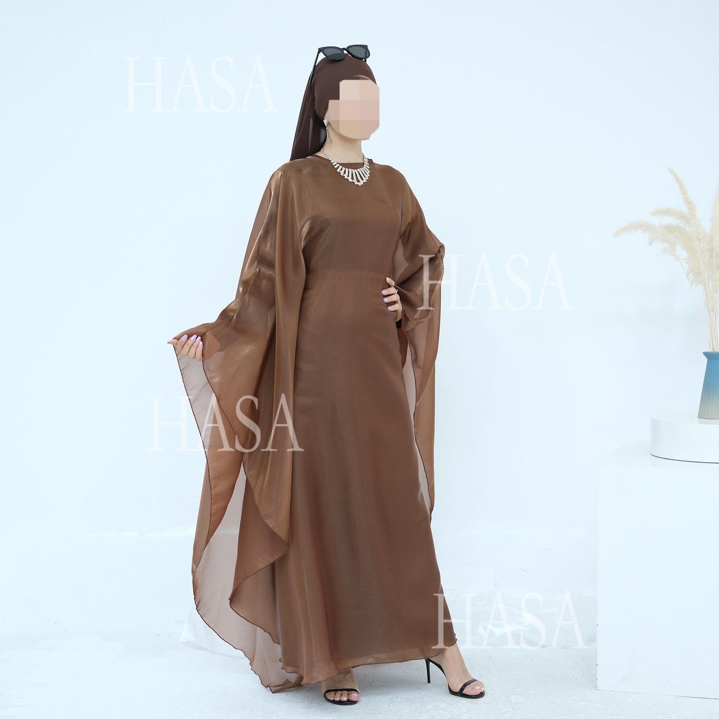 HA6524 Elegant two-piece solid-color robe and dress with optional headscarf