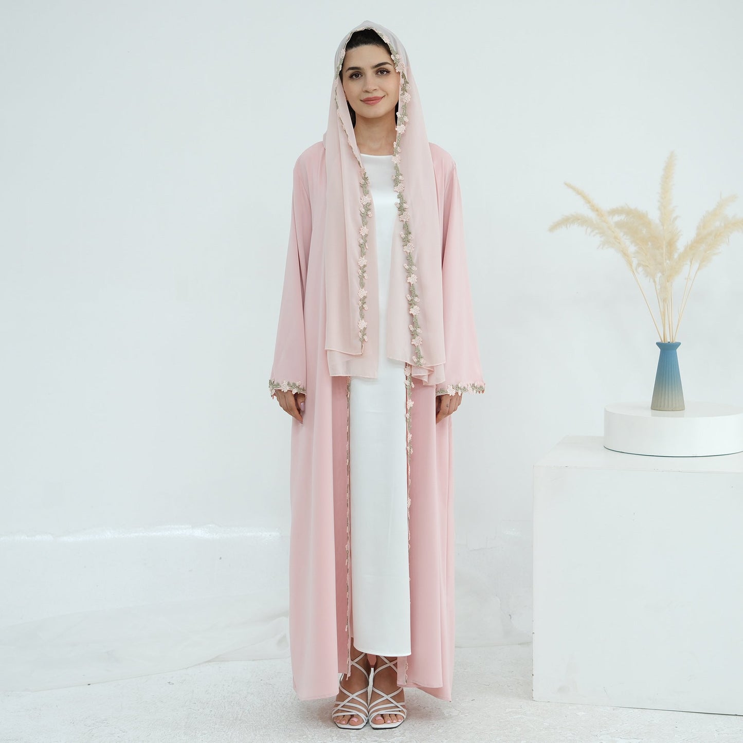 HA6618 Pink Flower Stitching Cardigan Two-Piece Set (Including Headscarf)
