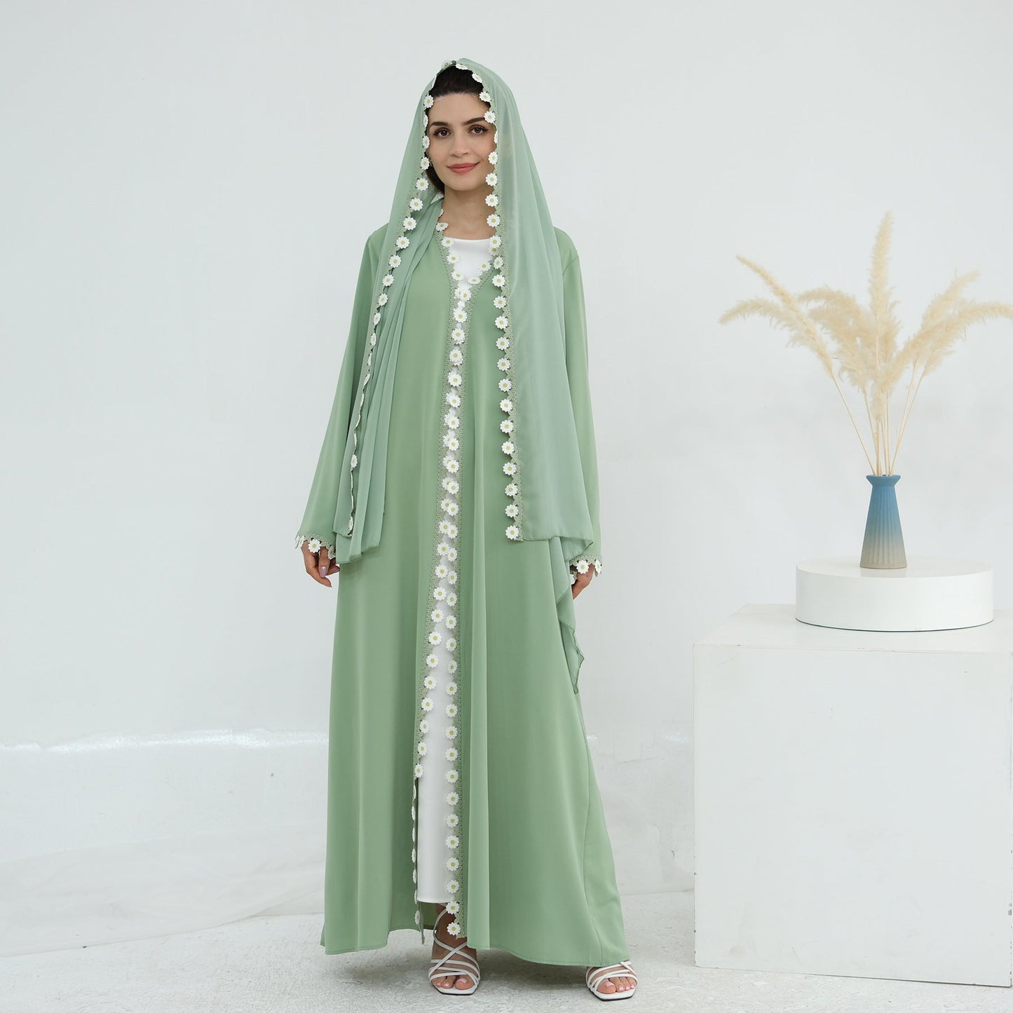 HA6616 Green Flower Stitching Cardigan Two-Piece Set (Including Headscarf)