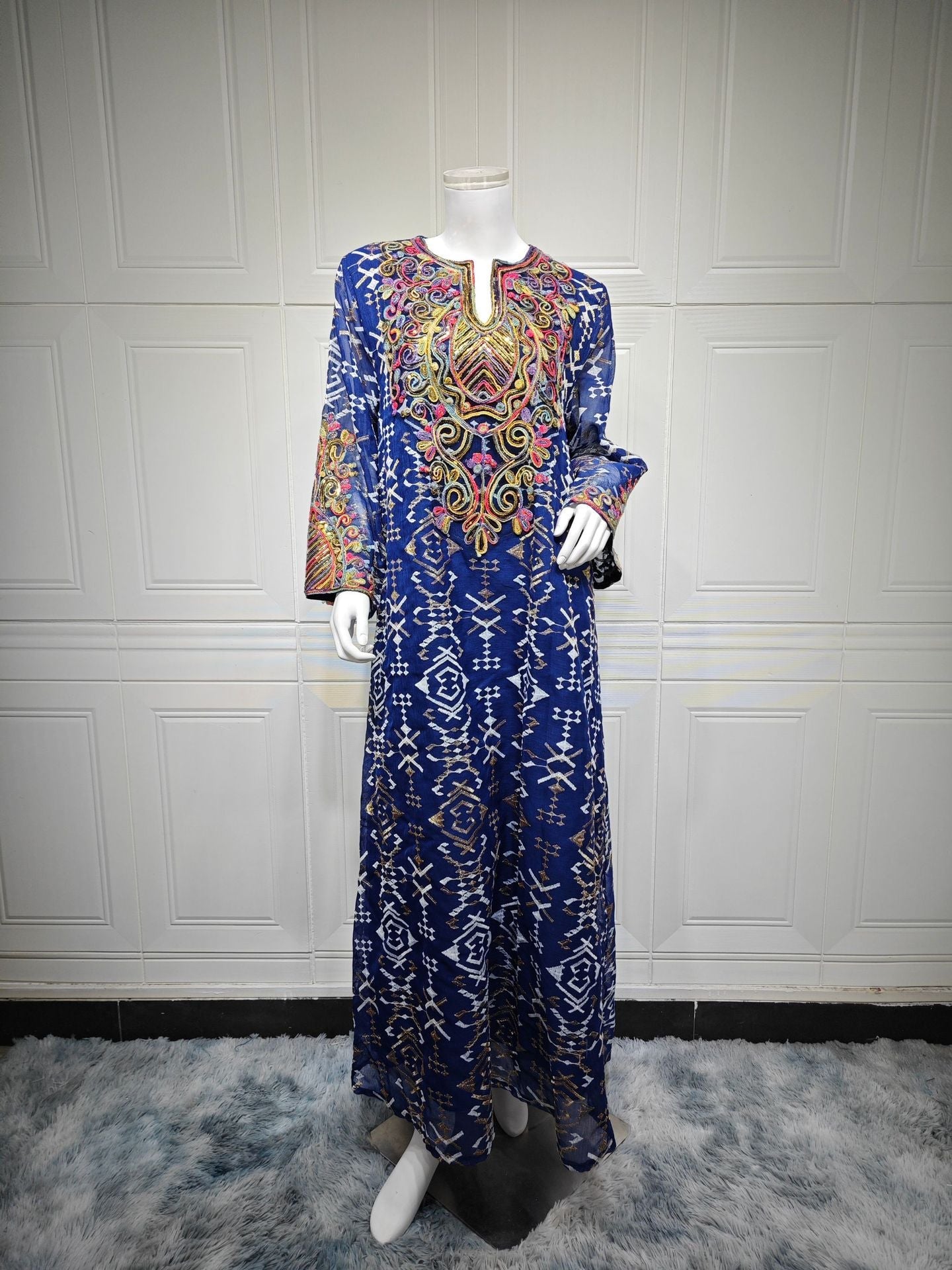 HA6663 Mesh Embroidery Patchwork Long-sleeved Dress, Robe-style Loose Fit