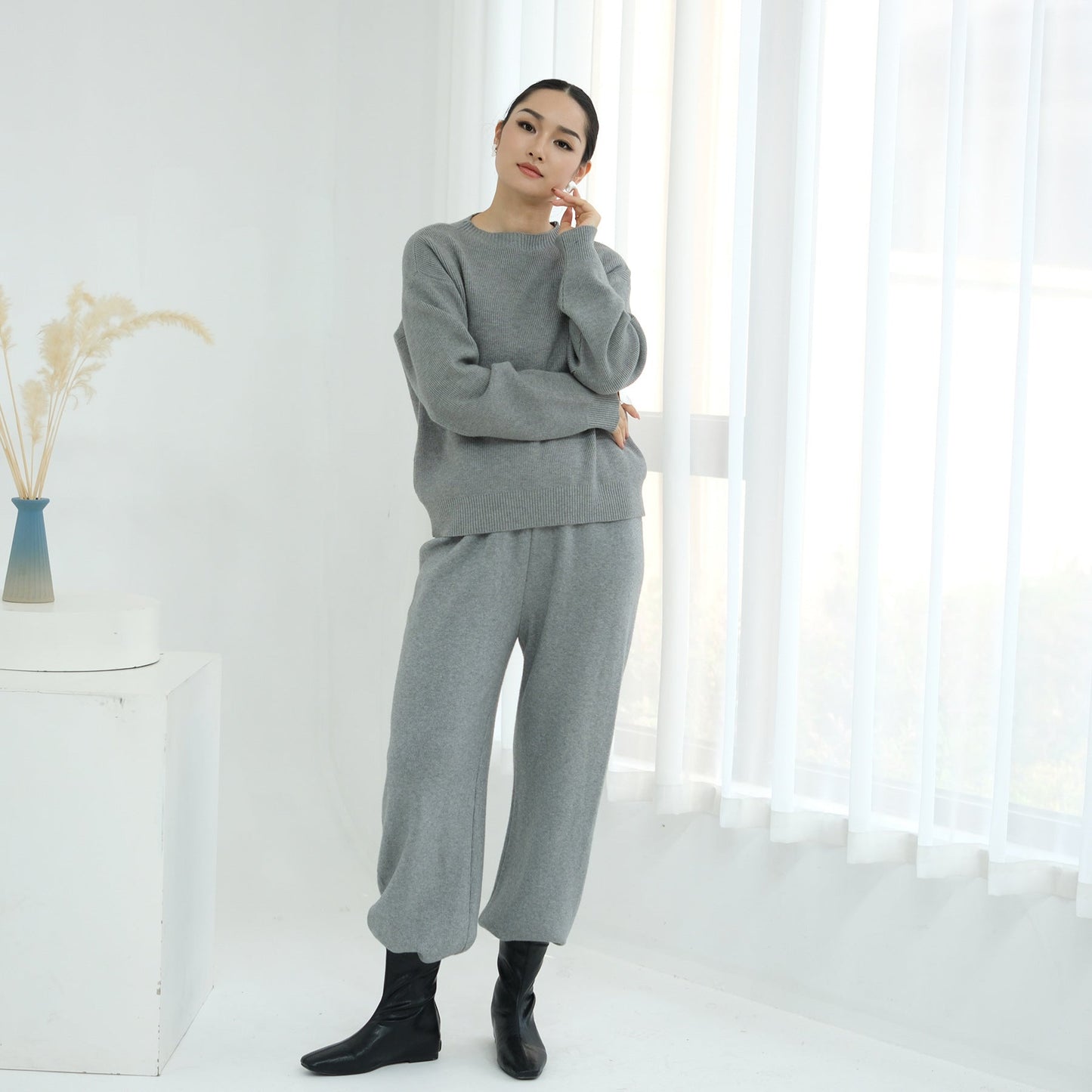 HA6595 Autumn and Winter Thickened Knitted Suit (Not Including Headscarf) | Simple Solid Color Two-Piece Suit