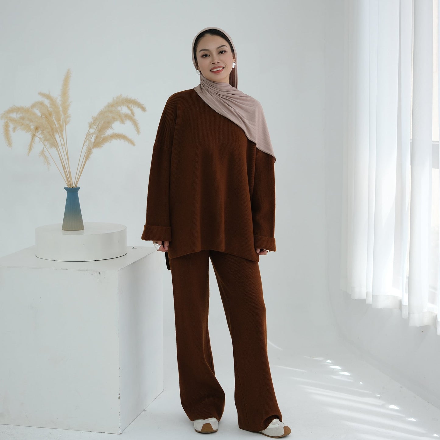 HA6599 Autumn and Winter Thickened Knitted Suit Solid Color Two-piece Suit (excluding Headscarf) Top + Trousers