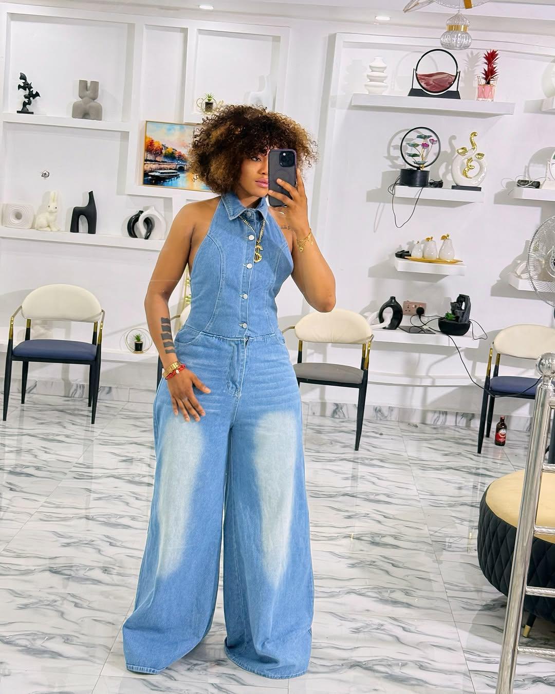 HA6354 Lapel Collar Single-breasted Backless Denim Jumpsuit