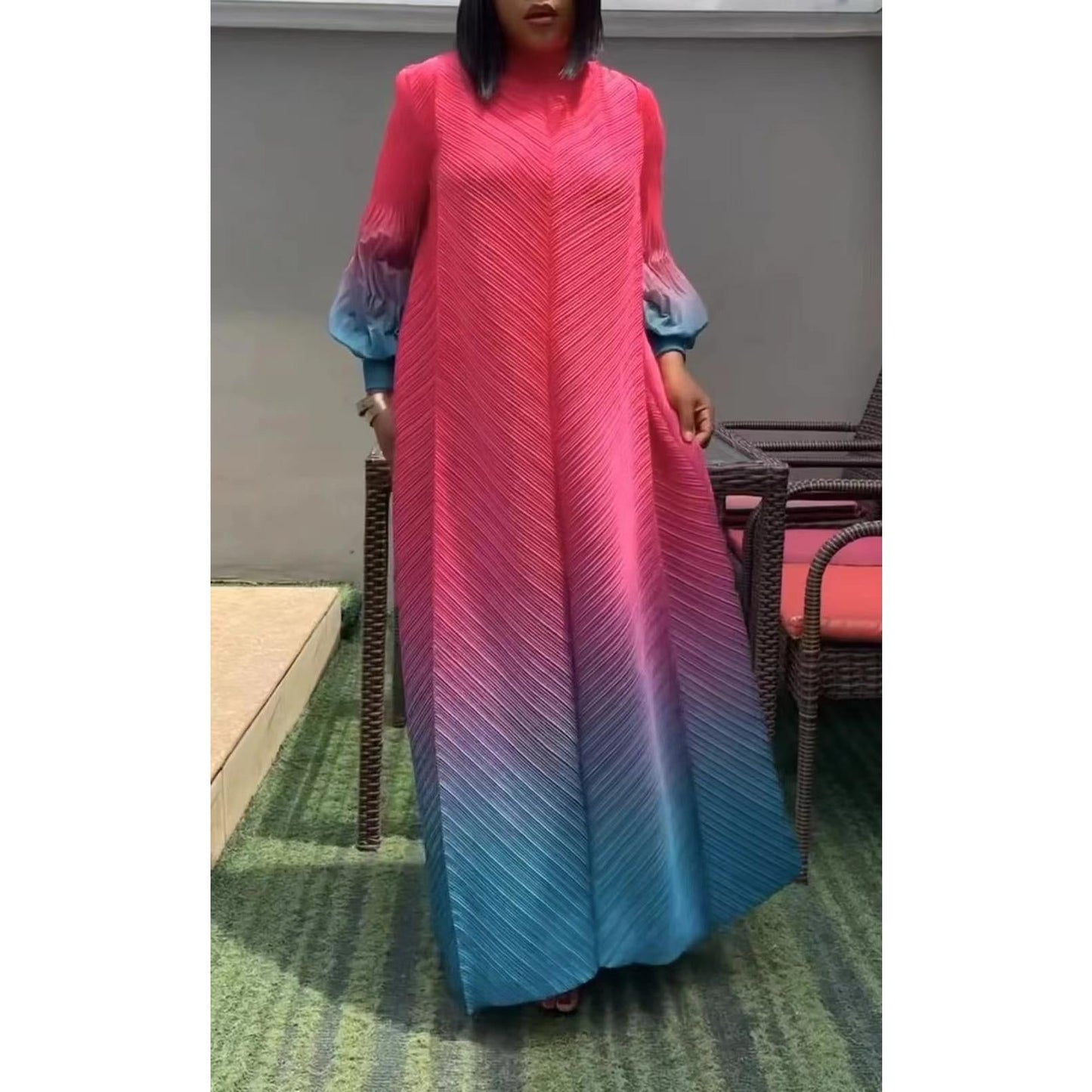 HS5824 Women's clothing gradual change color lantern sleeves high sense middle east dress