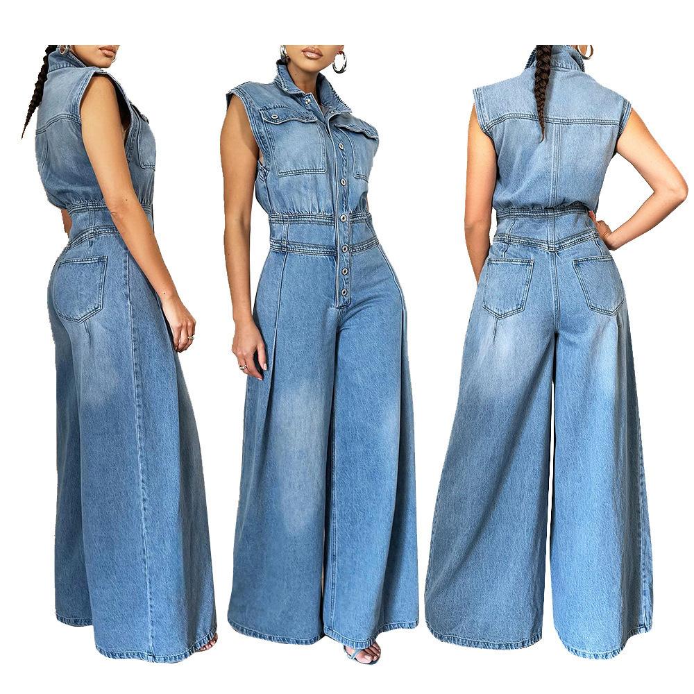 HASASERIES HS6399 Women's New Casual Sleeveless Denim Jumpsuit with Wide Legs