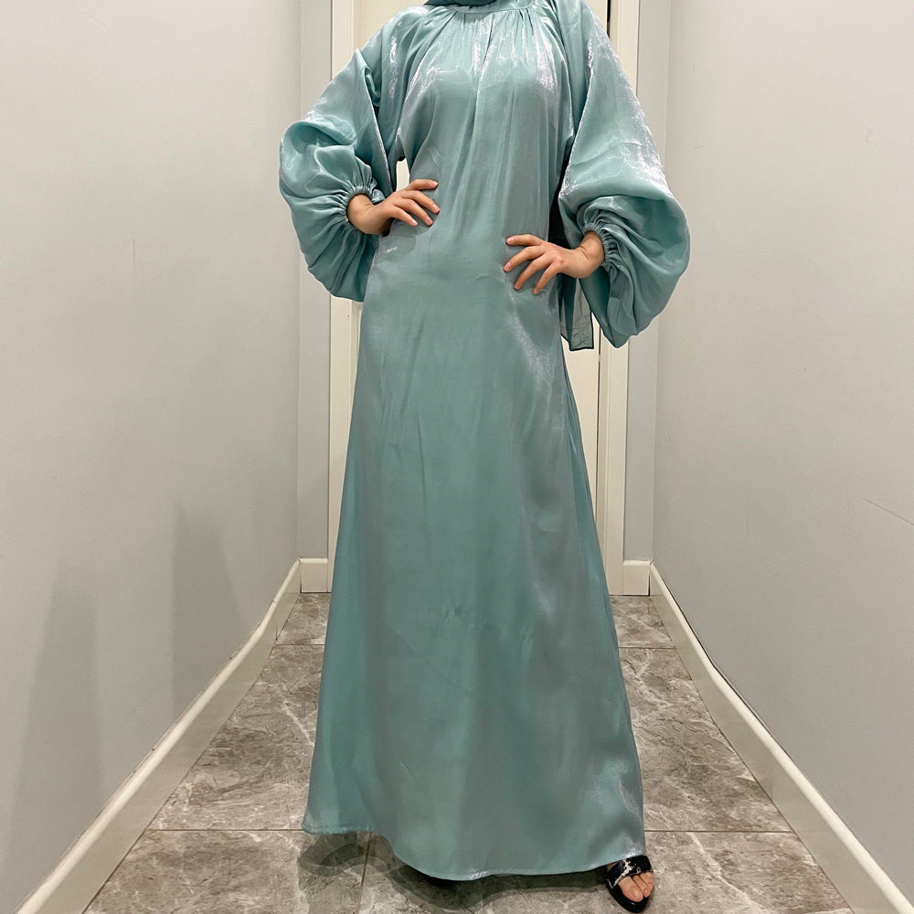 #HAYA10043  S-2XL  Large lantern sleeves Long bright silk dress Stand up collar Back tie Women's dress