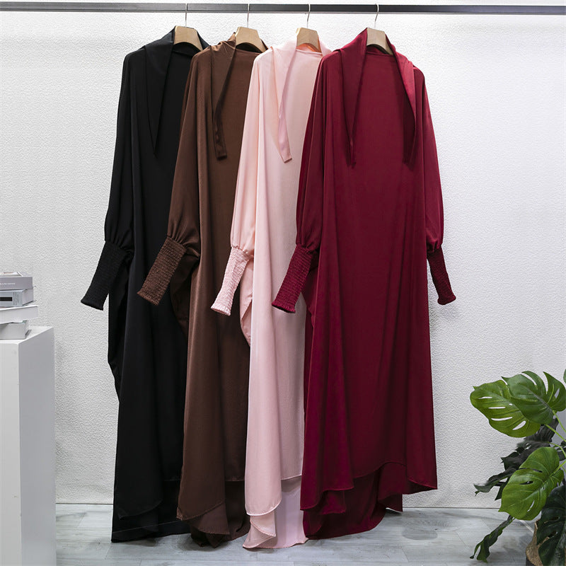 HAYA10067  Muslim Solid colour Mukena  Prayer jilbab with soft Fabric and Features elasticated cuffs and attachable Instant Hijab