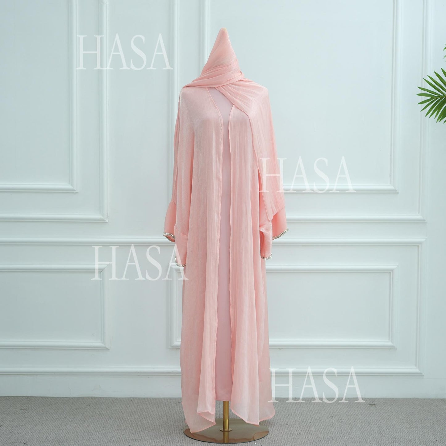 HA6553  Two-Piece Solid Abaya with Beaded Details and Matching Scarf Option