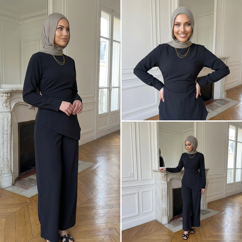 HA6614 Modest Nida Two-Piece Set with Waist Tie & Pocket Trousers