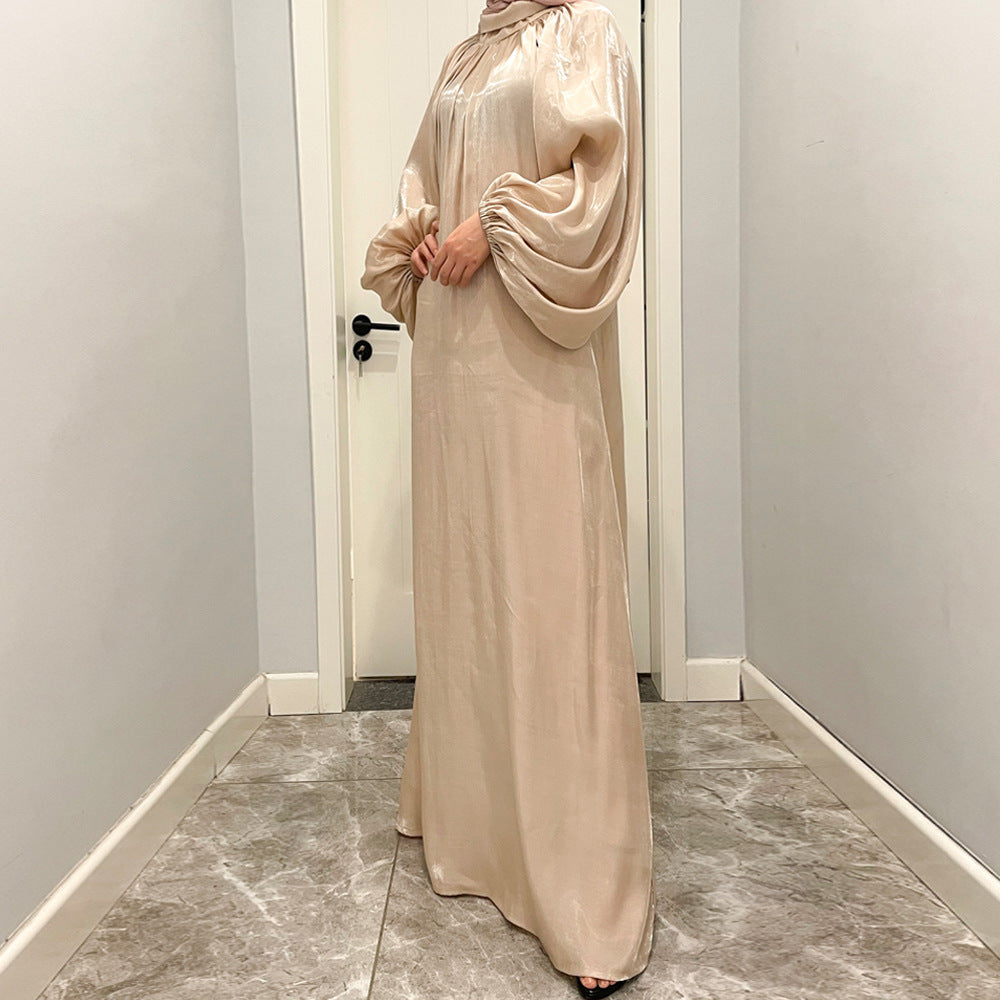 #HAYA10043  S-2XL  Large lantern sleeves Long bright silk dress Stand up collar Back tie Women's dress