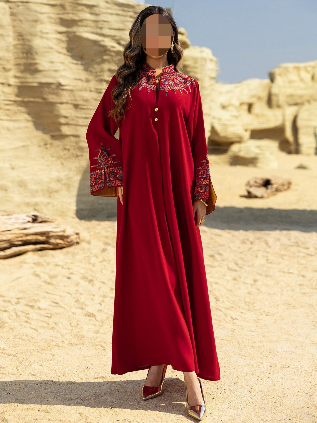 HA6655 Embroidered loose-fitting long dress | Soft drape and delicate cuff design