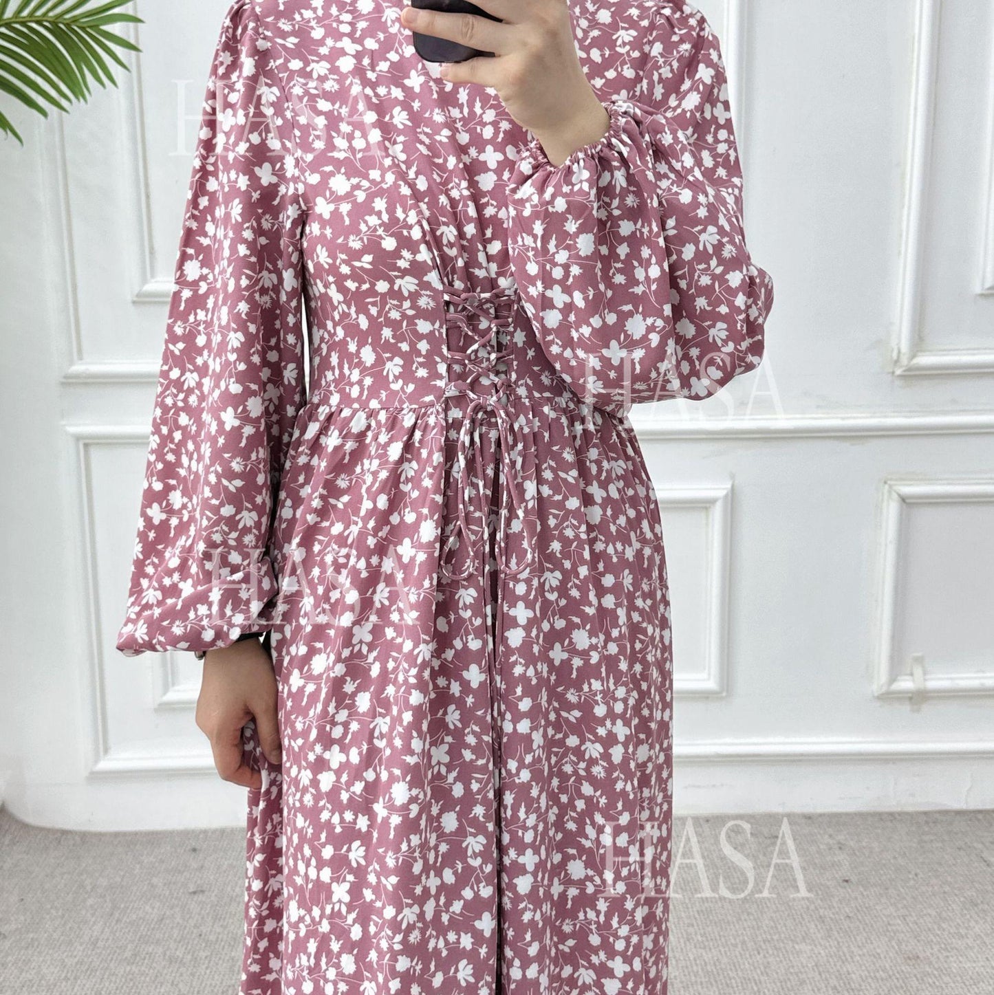 HA6489 Long-sleeved Floral Maxi Dress with Natural Waist