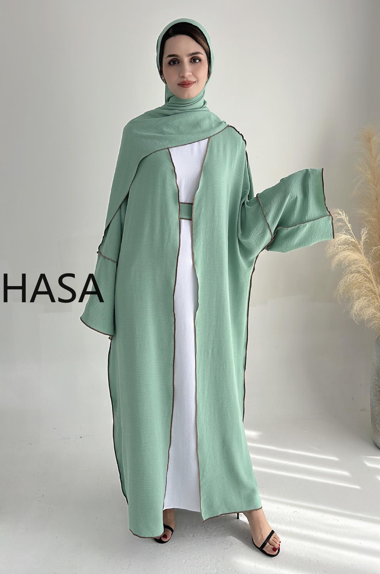 HASA HA1246H 2 PCS SET Crepe Solid Color Loose Hem Cardigan Robe with Hijab