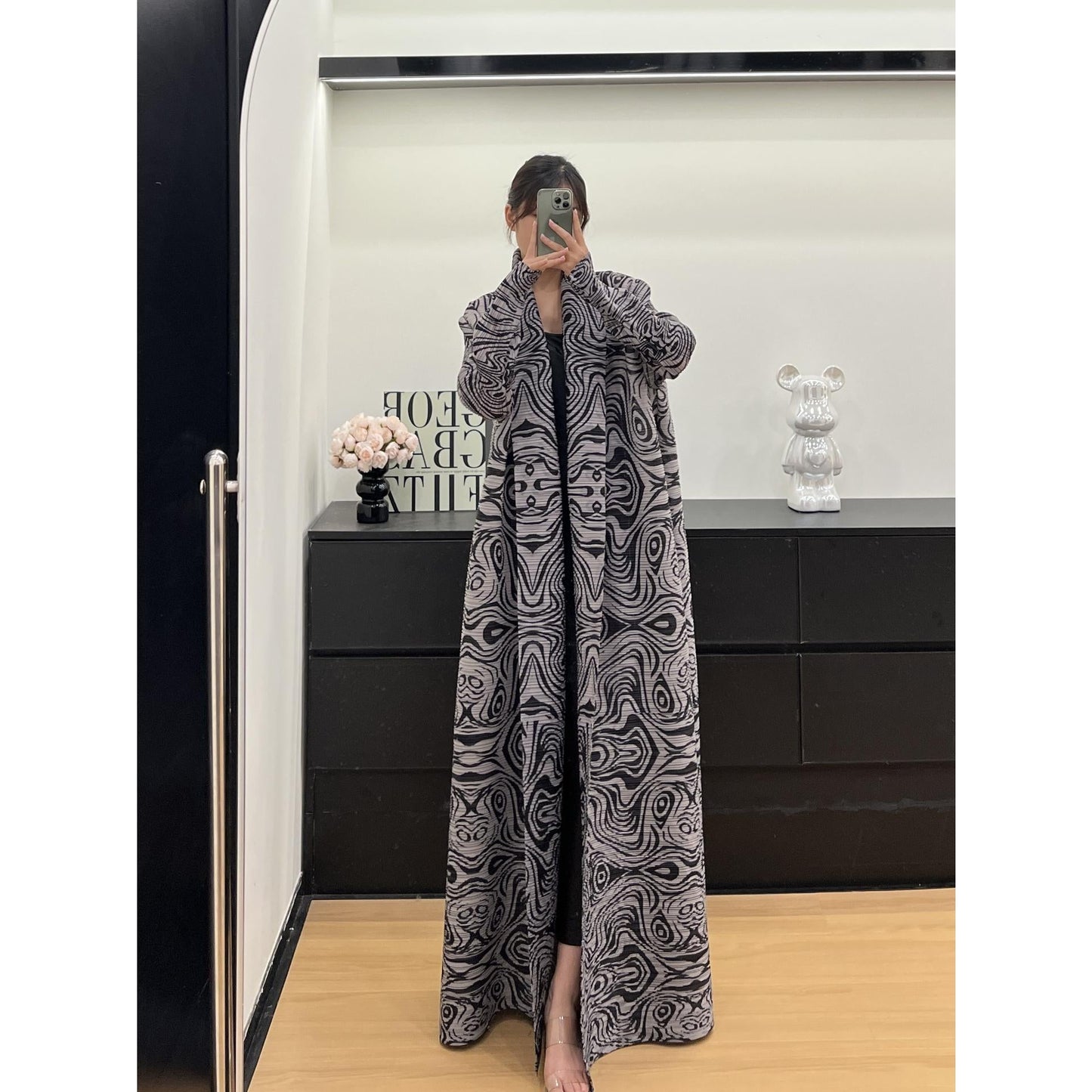 HS6723 Monochrome Swirl | Black & Grey Abstract Printed Abaya