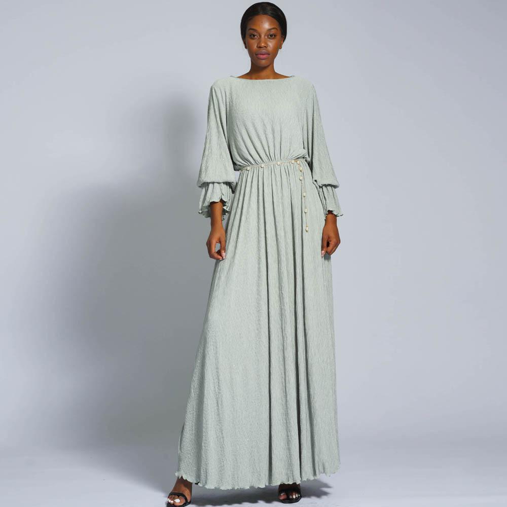 HAYA0434 Muslim Ladies Stretch Crumpled Sprinkle Gold Dress Solid Color Bell Sleeve Long Dress