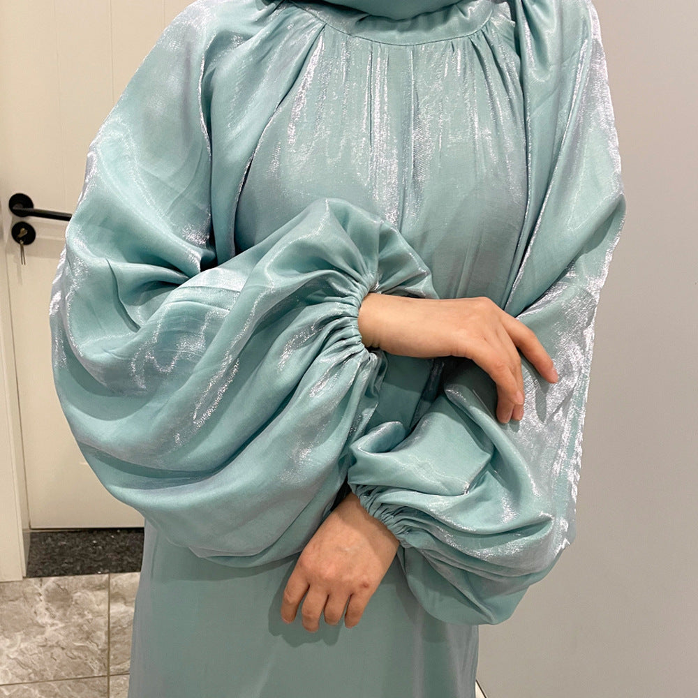 #HAYA10043  S-2XL  Large lantern sleeves Long bright silk dress Stand up collar Back tie Women's dress