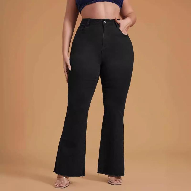 HS2331 Plus Size Black Stretchy Frayed-hem Wide-leg Flare Jeans