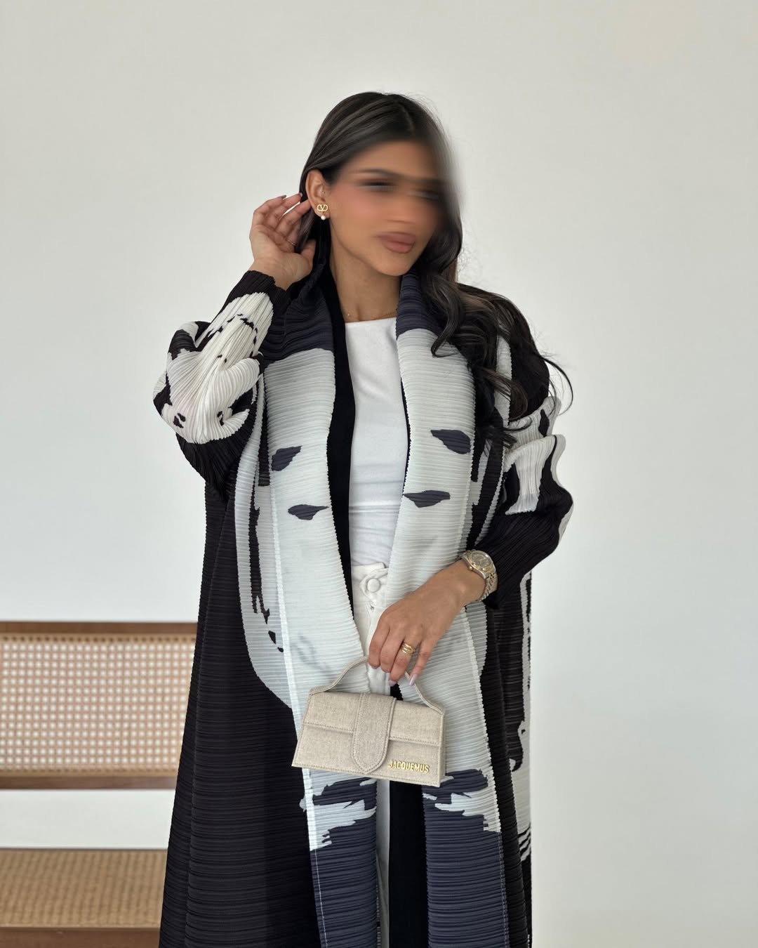 HS6726  White Abstract Belted Abaya with Artistic Prints