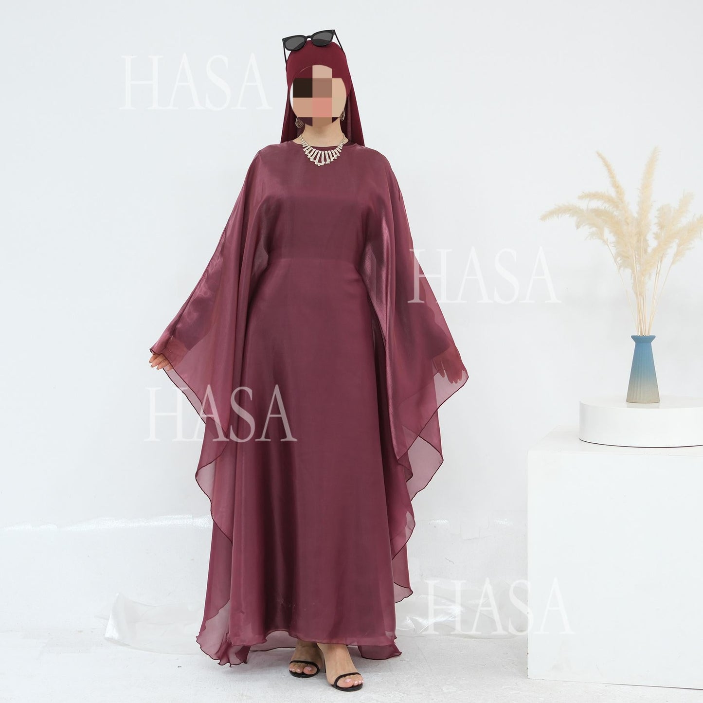 HA6524 Elegant two-piece solid-color robe and dress with optional headscarf