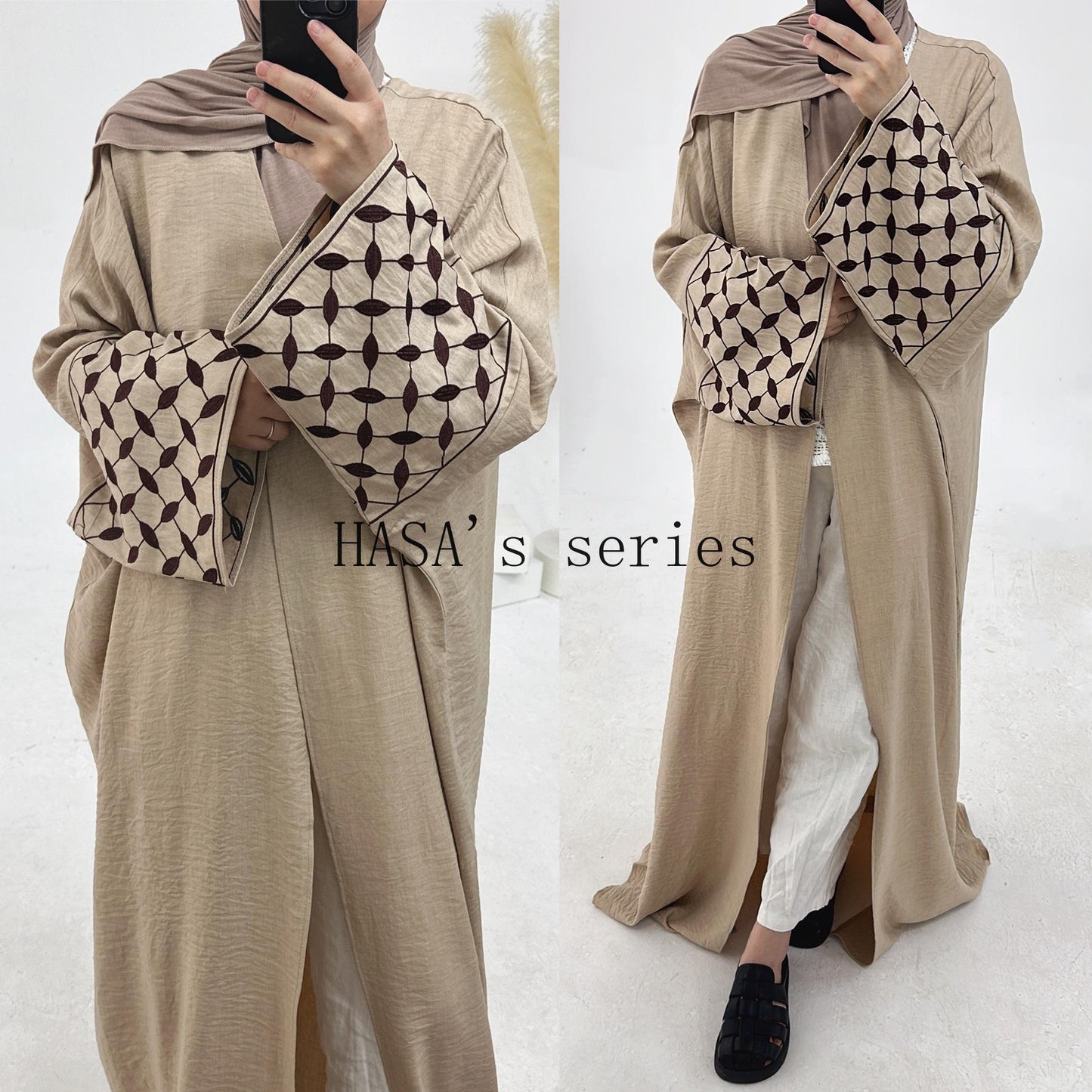 HS4840 Elegant long robe with geometric embroidery, a simple and traditional style dress.