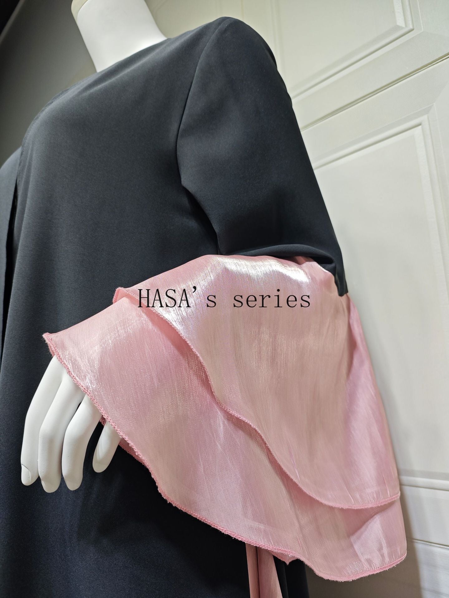 HS5106 A Soft and Elegant Long Satin Dress with Classic Design and Ruffled Sleeves.