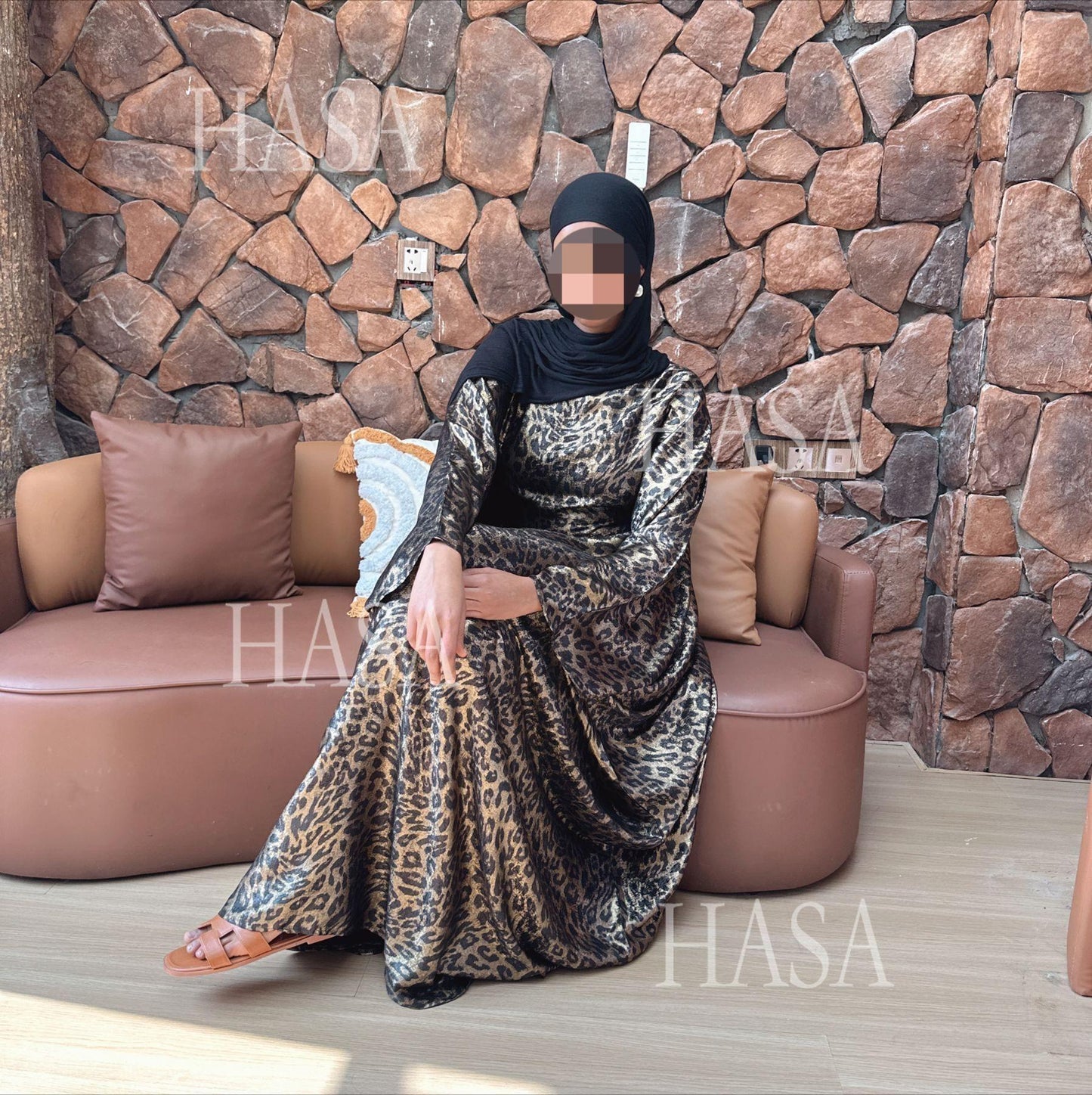 HA6469 Flowing Batwing Sleeve Leopard Maxi Dress (without Headscarf)