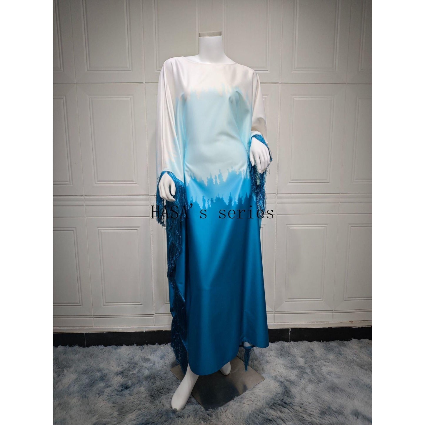 HS5095 Romantic Gradient Fringed Robe, Elegant Printed Long Dress