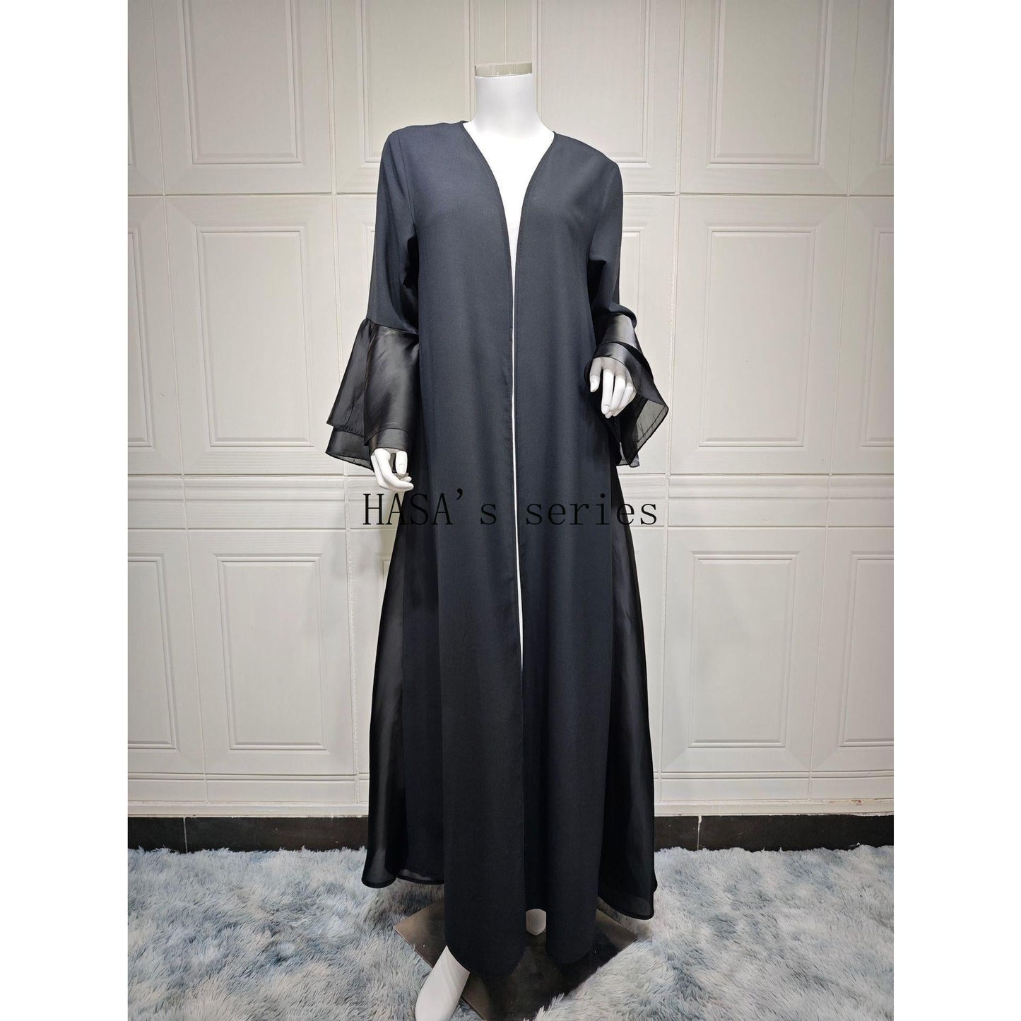 HS5106 A Soft and Elegant Long Satin Dress with Classic Design and Ruffled Sleeves.