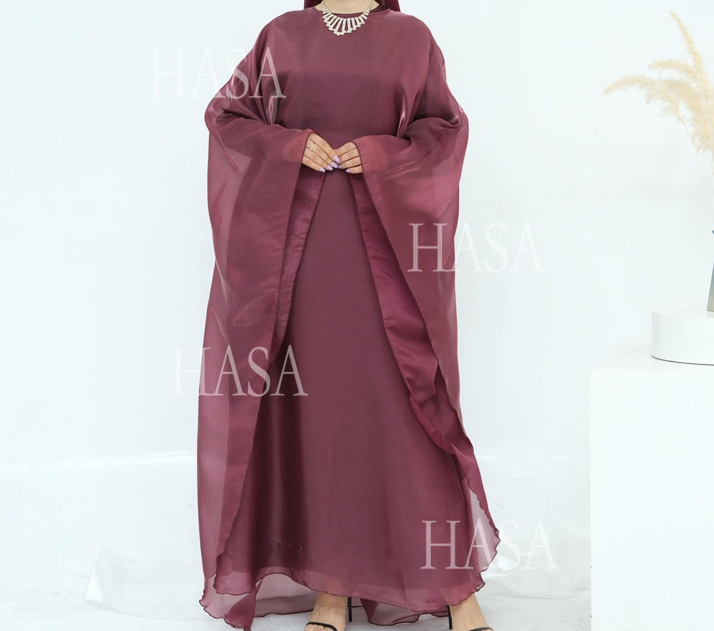 HA6524 Elegant two-piece solid-color robe and dress with optional headscarf