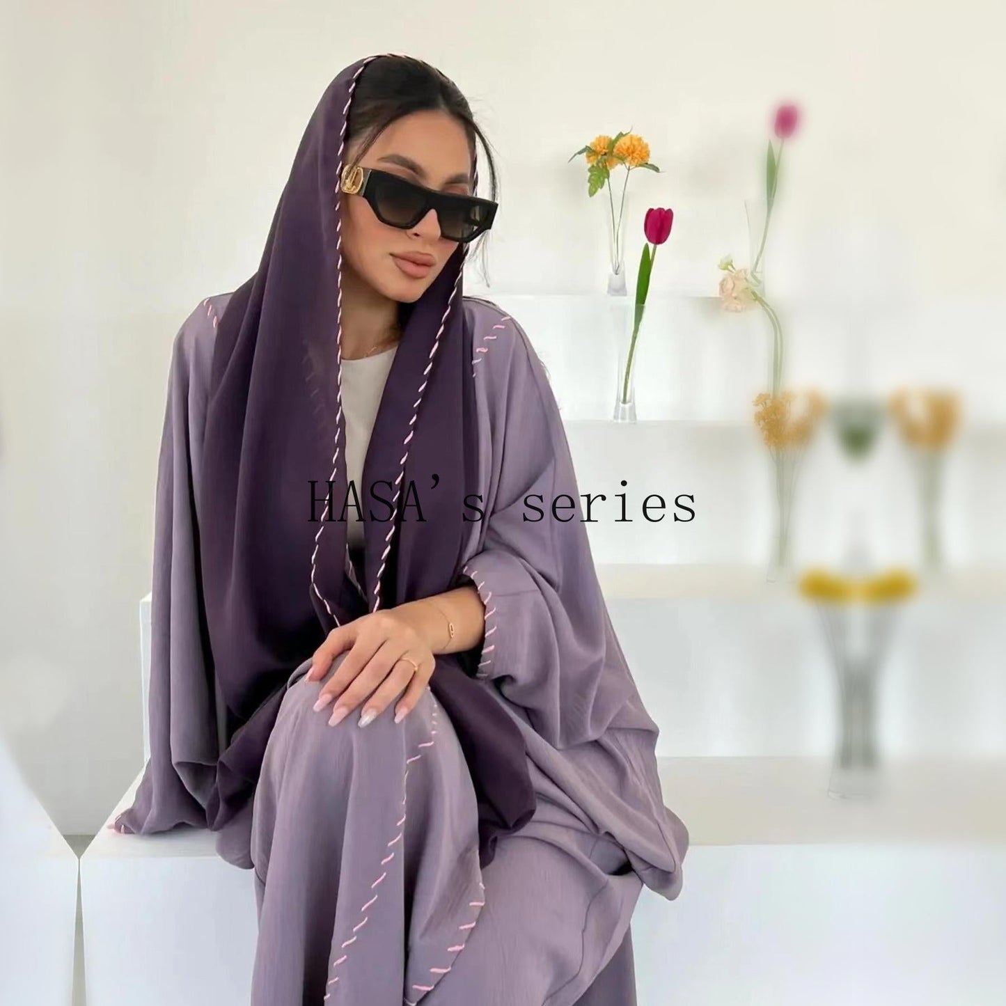 HS4843 Simple Cardigan and Headscarf Two-piece Set.