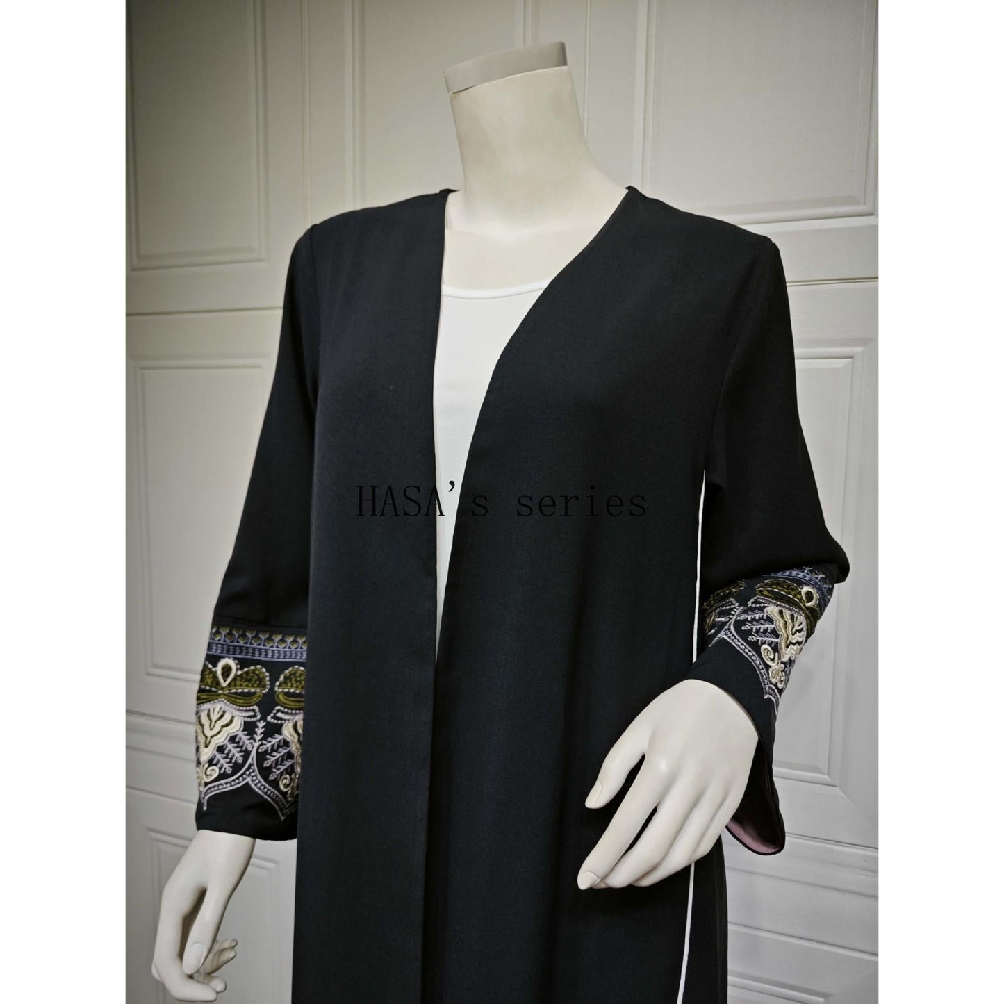 HS5090 Classic black embroidered patchwork robe, designed as a loose, open-front dress.