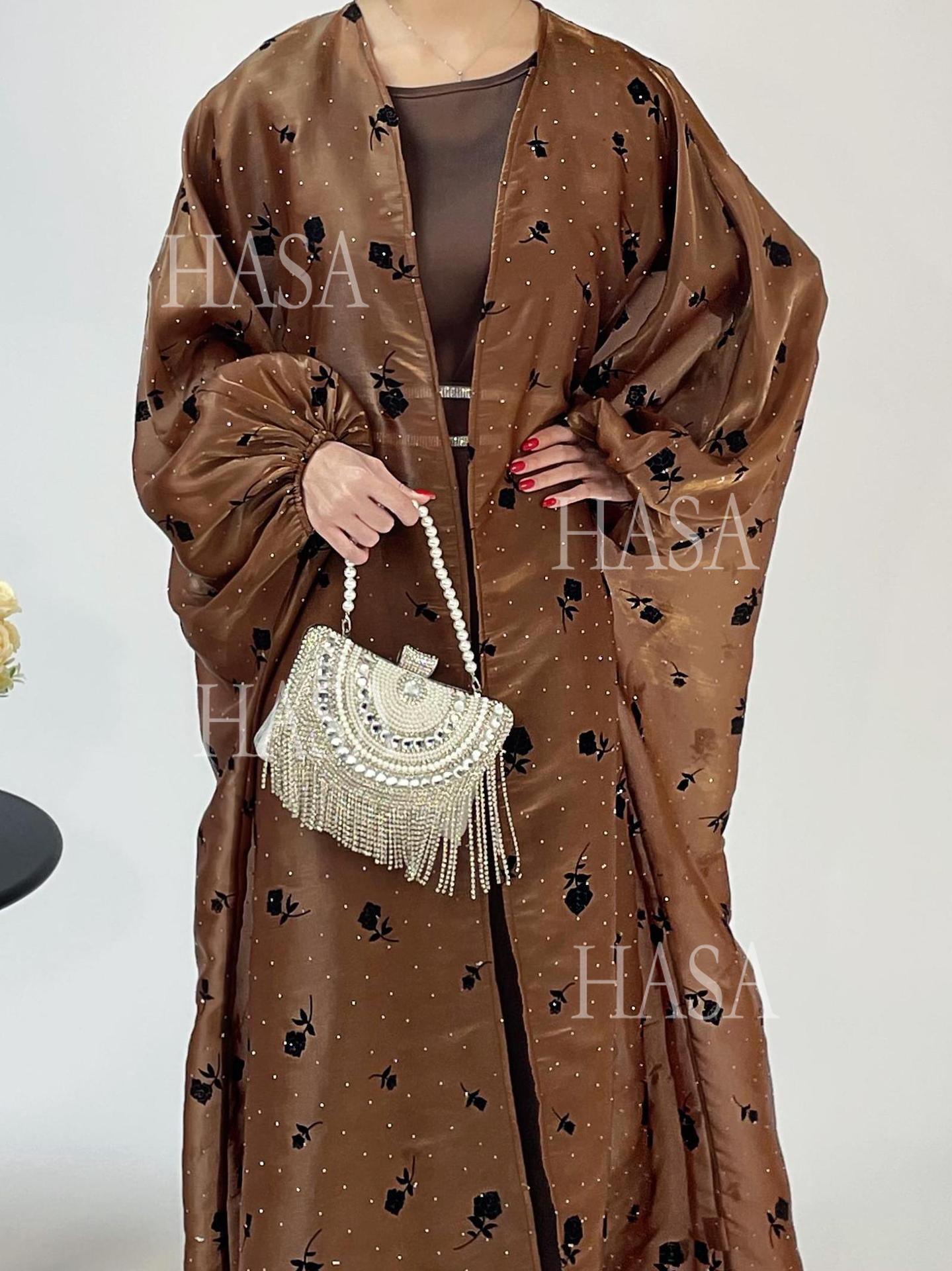 HA6536 Elegant Rose Pattern Abaya Outer Dress Set