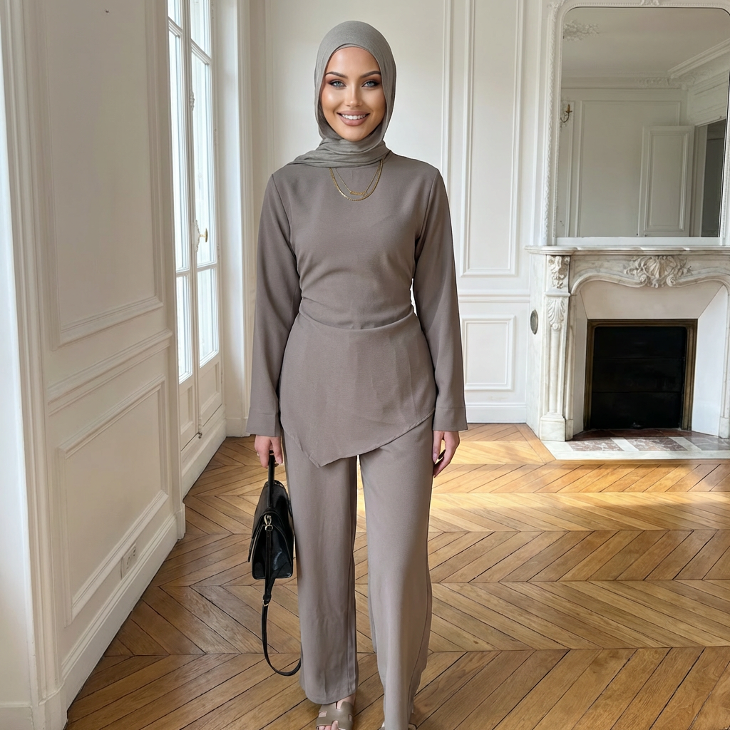 HA6614 Modest Nida Two-Piece Set with Waist Tie & Pocket Trousers