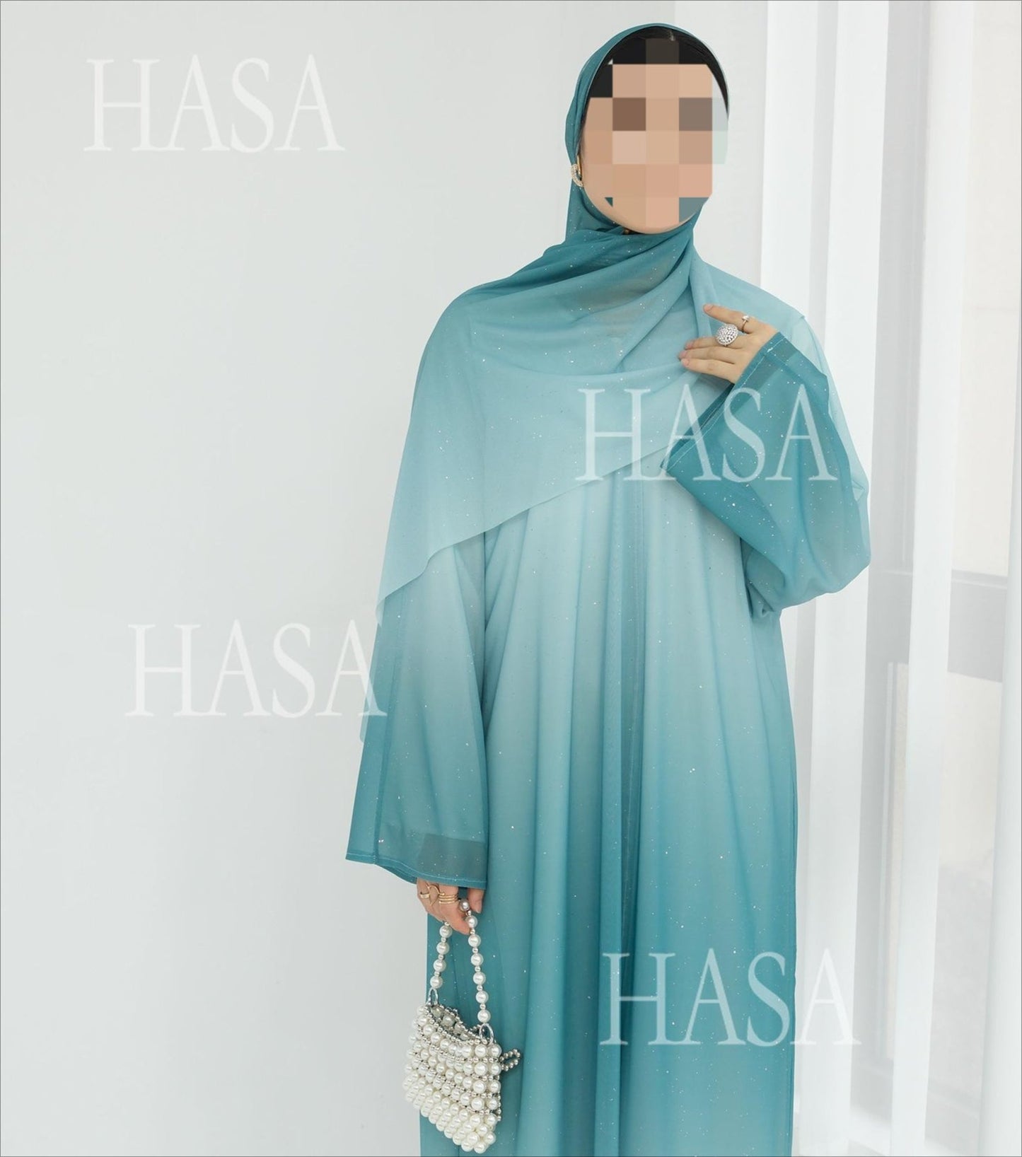 HA6617 Gradient Color Long Cardigan Two-Piece Set (Including Headscarf)