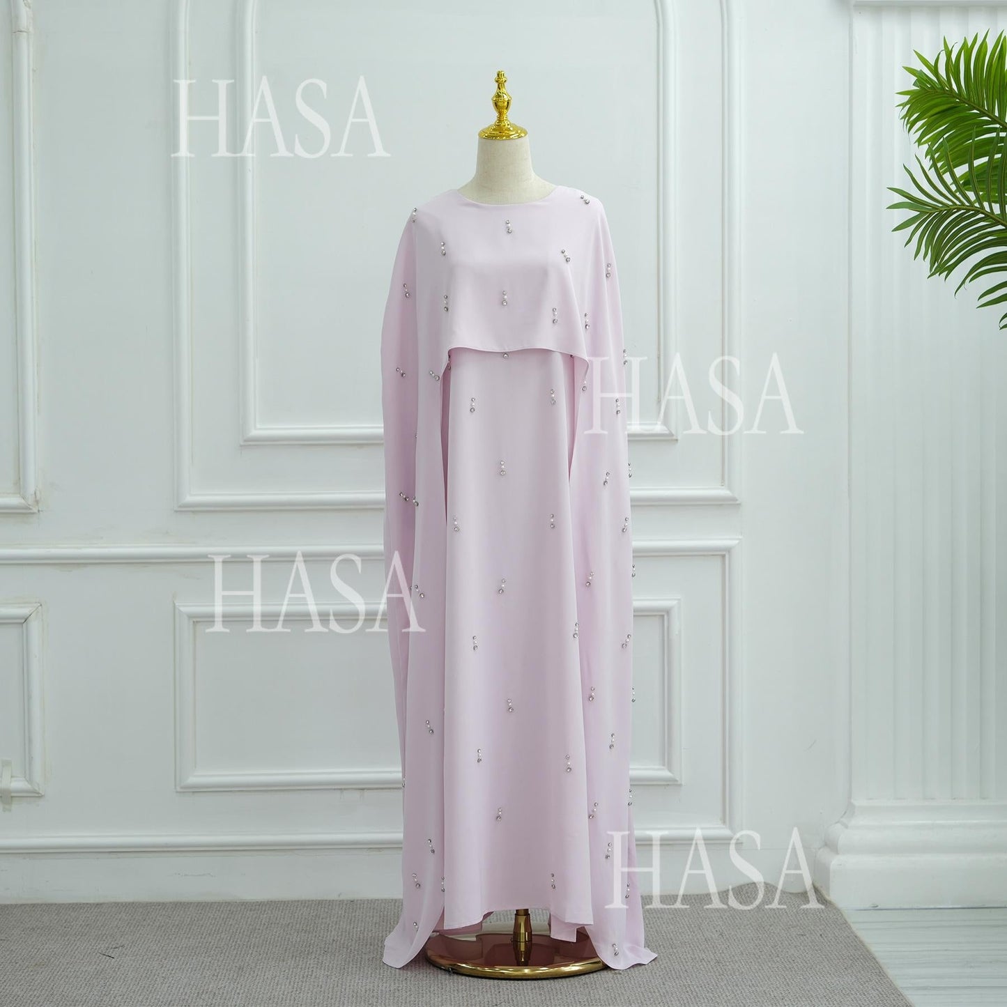 HA6505 Solid color beaded long dress with fake two-piece design