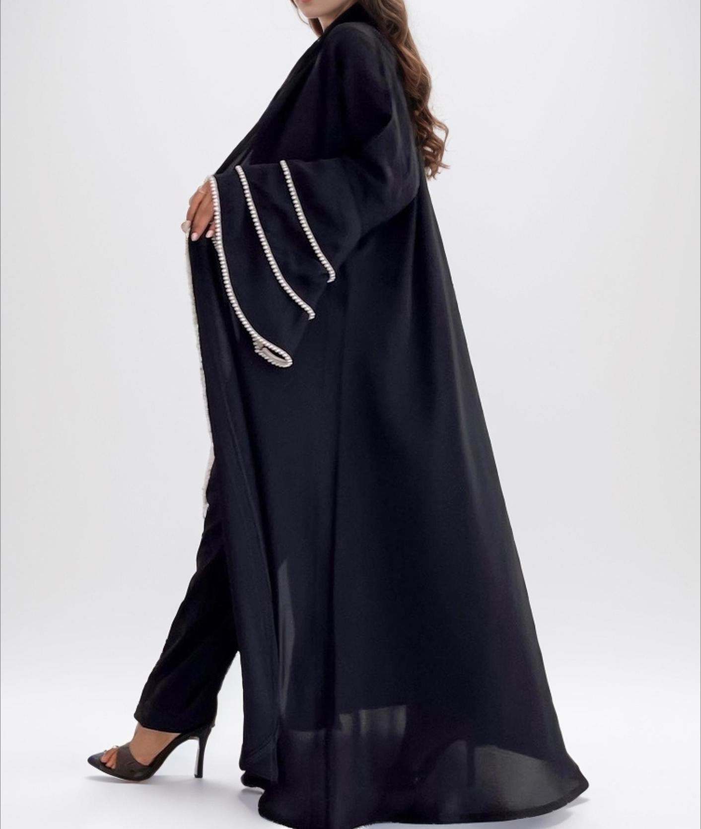 HA6543 Elegant Abaya with Hand-Embroidered Pearl Details