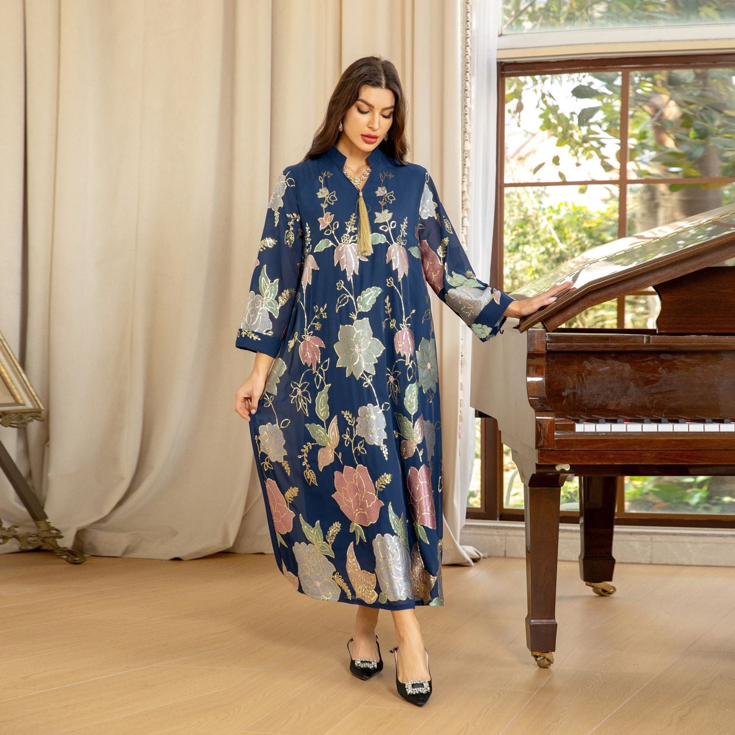 HA6649 Sequined Embroidered Tassel Long Robe, Elegant and Sophisticated Dress
